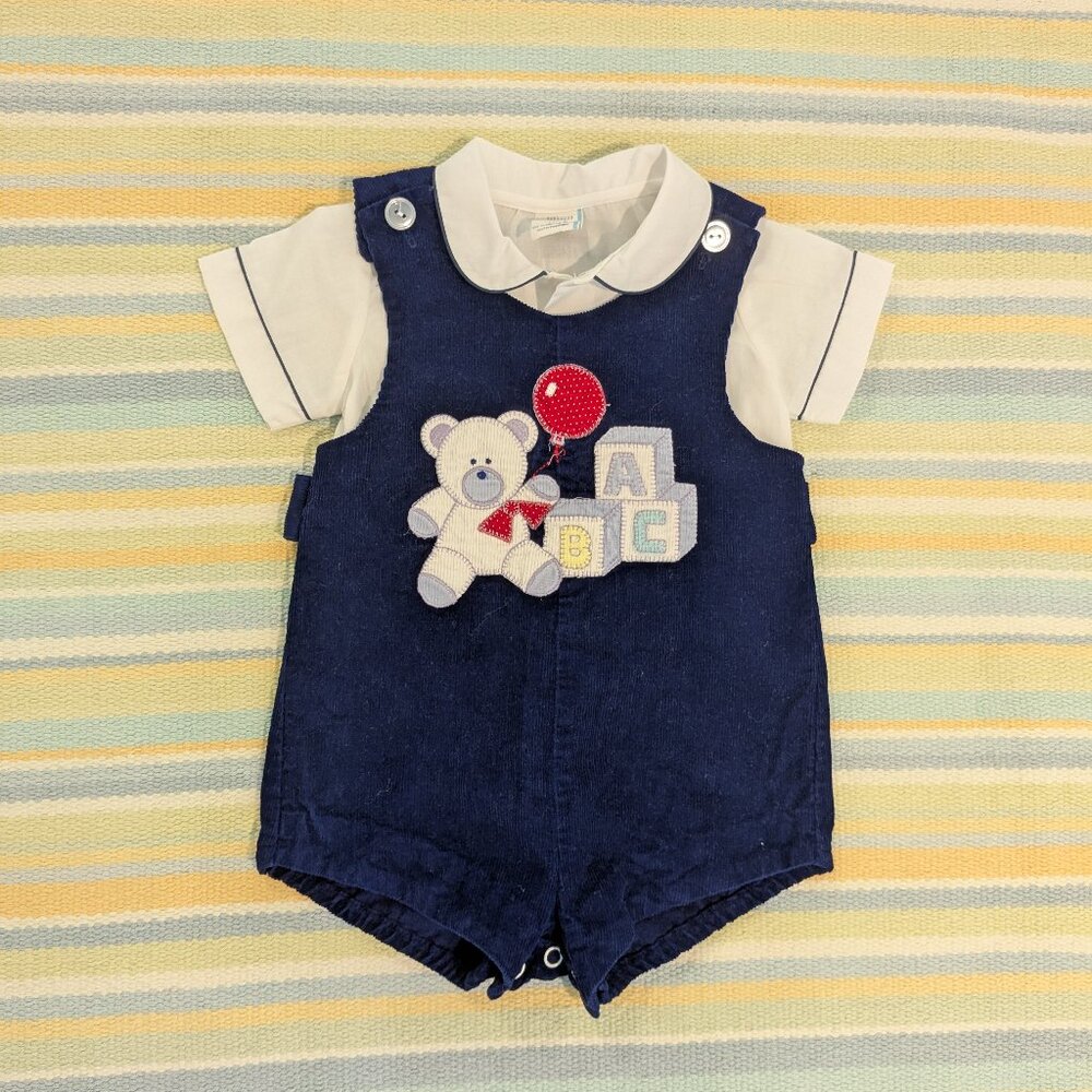 ⭐ Vintage Navy Blue Corduroy Romper Outfit with Teddy Bare & ABC Blocks 6-9 mont